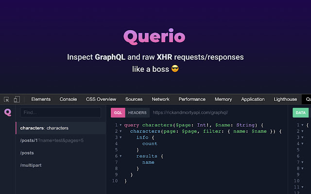 Querio GraphQL and XHR requests inspector  from Chrome web store to be run with OffiDocs Chromium online