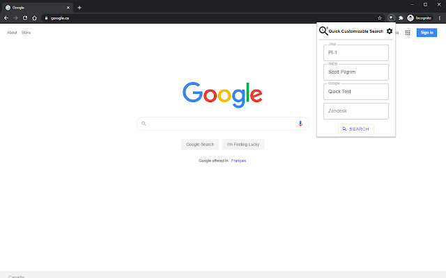 Quick Customizable Search  from Chrome web store to be run with OffiDocs Chromium online