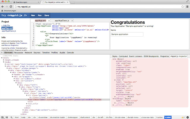 rappidjs devtools  from Chrome web store to be run with OffiDocs Chromium online