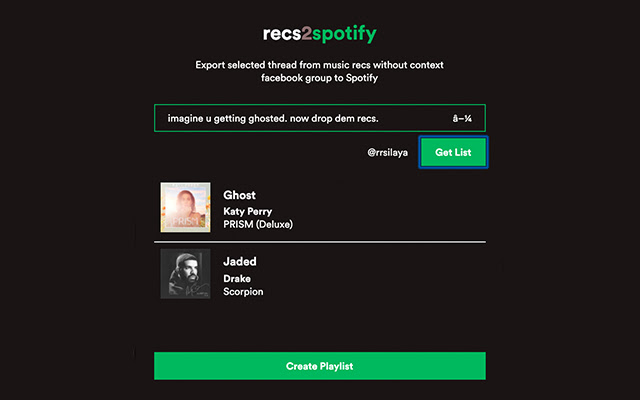 recs2spotify  from Chrome web store to be run with OffiDocs Chromium online