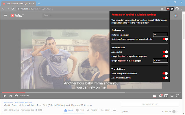 Remember subtitle settings for YouTube™  from Chrome web store to be run with OffiDocs Chromium online