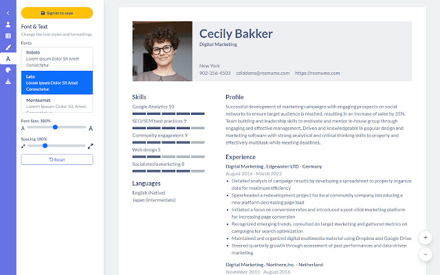 Resmume free professional resume builder  from Chrome web store to be run with OffiDocs Chromium online