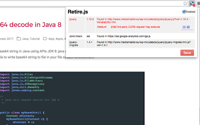 retire.js  from Chrome web store to be run with OffiDocs Chromium online