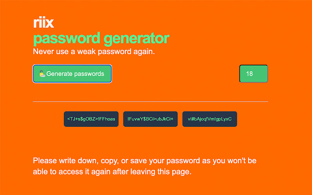 riix Password Generator  from Chrome web store to be run with OffiDocs Chromium online