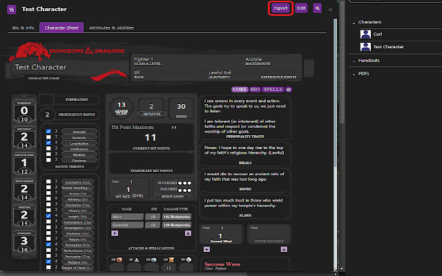 Roll20 Character Sheet Exporter for 5e  from Chrome web store to be run with OffiDocs Chromium online