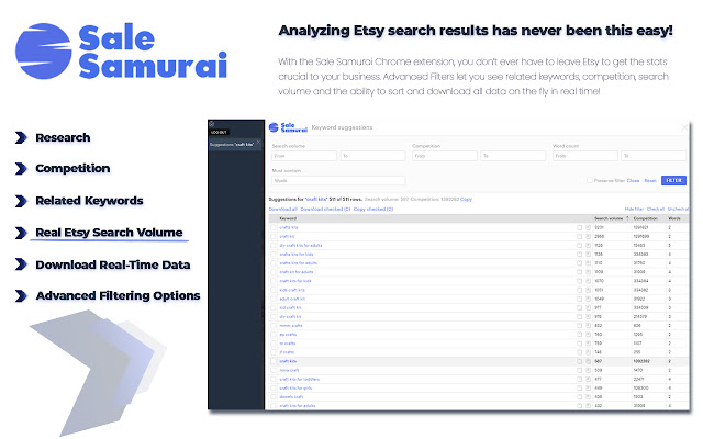 Sale Samurai Etsy SEO Keyword Tool  from Chrome web store to be run with OffiDocs Chromium online