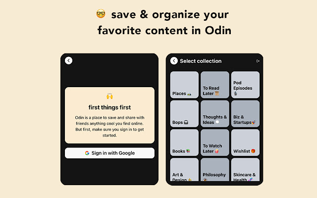 Save  Organize your favorite content in Odin  from Chrome web store to be run with OffiDocs Chromium online