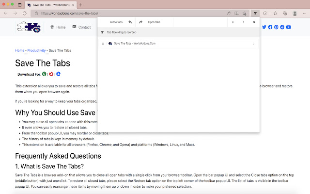 Save The Tabs  from Chrome web store to be run with OffiDocs Chromium online