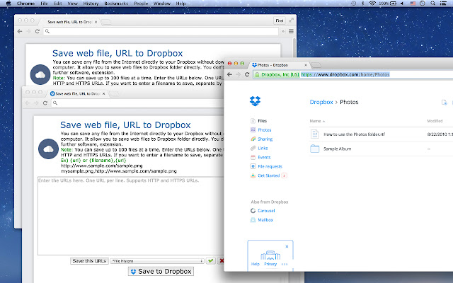 Save web file, URL to Dropbox™  from Chrome web store to be run with OffiDocs Chromium online