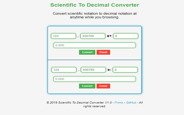 Scientific To Decimal Converter  from Chrome web store to be run with OffiDocs Chromium online