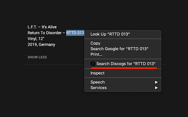Search Discogs for selected text  from Chrome web store to be run with OffiDocs Chromium online