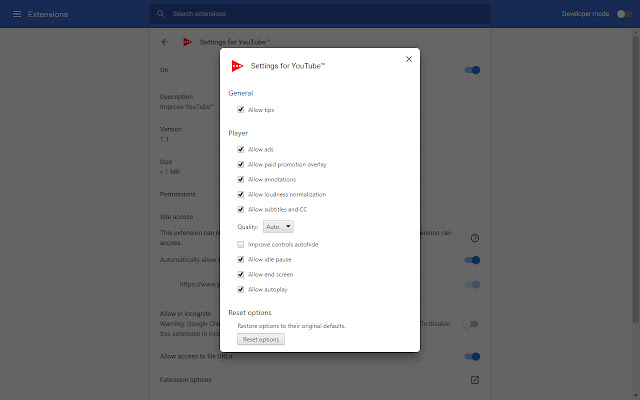 Settings for YouTube™  from Chrome web store to be run with OffiDocs Chromium online