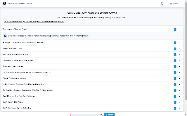 Shiny Object Checklist Detector  from Chrome web store to be run with OffiDocs Chromium online