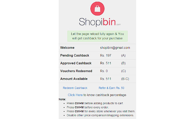 Shopibin Cashback  from Chrome web store to be run with OffiDocs Chromium online