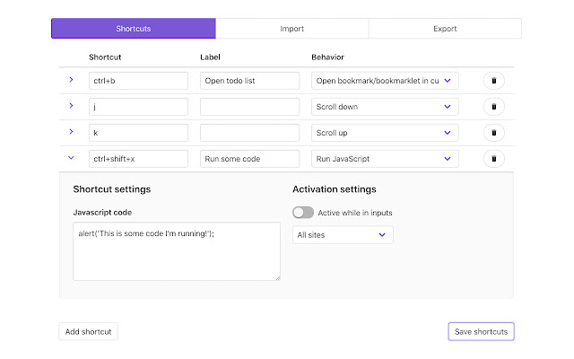 Shortkeys (Custom Keyboard Shortcuts)  from Chrome web store to be run with OffiDocs Chromium online