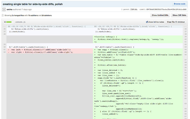 Side by side diff view in Github  from Chrome web store to be run with OffiDocs Chromium online