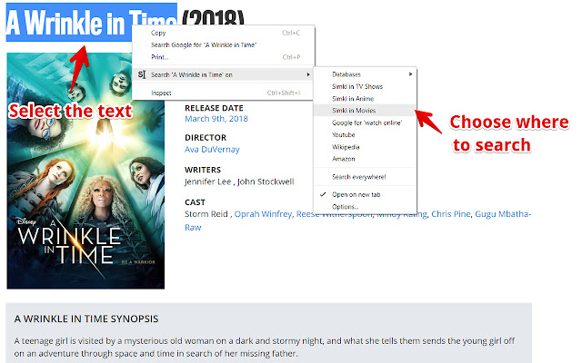 Simkl Search select and search  from Chrome web store to be run with OffiDocs Chromium online