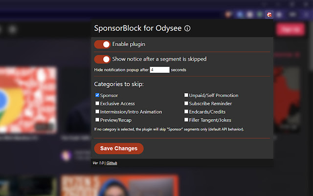 SponsorBlock for Odysee  from Chrome web store to be run with OffiDocs Chromium online