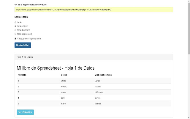 Spreadsheet to HTML with Bootstrap  from Chrome web store to be run with OffiDocs Chromium online