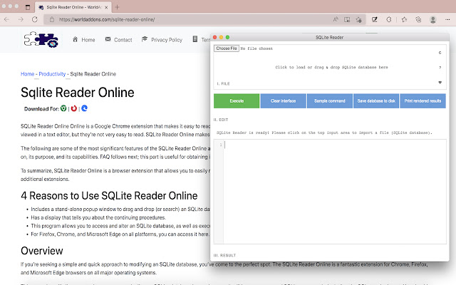 Sqlite Reader Online  from Chrome web store to be run with OffiDocs Chromium online