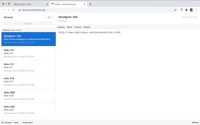 Standard Notes page bookmarks  from Chrome web store to be run with OffiDocs Chromium online