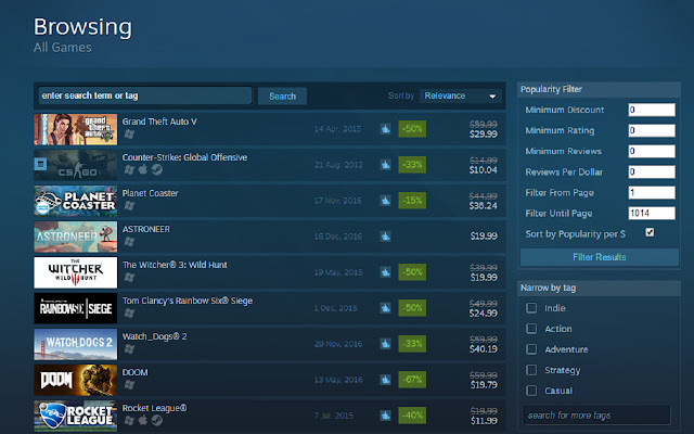 Steam Popularity Filter  from Chrome web store to be run with OffiDocs Chromium online