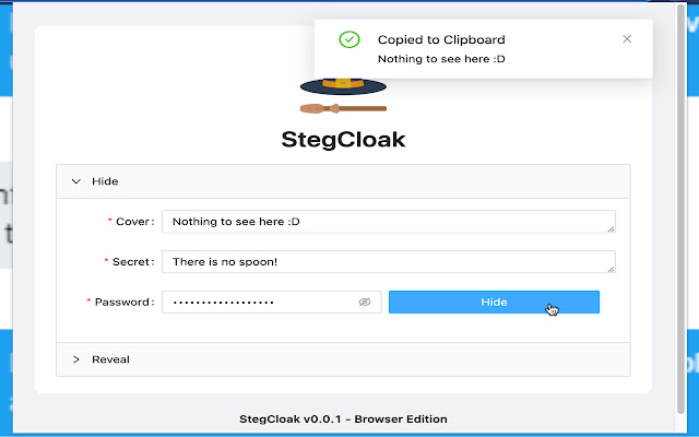 StegCloak  from Chrome web store to be run with OffiDocs Chromium online