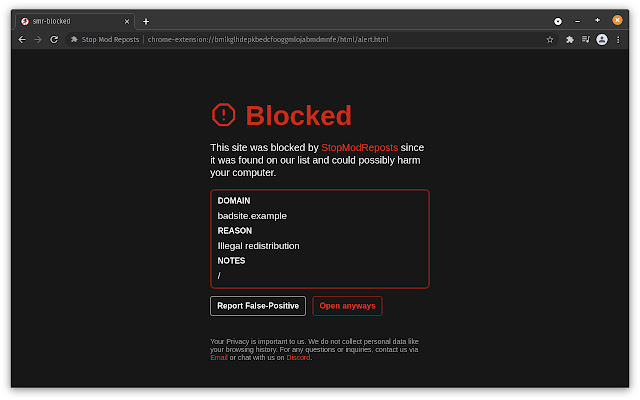 Stop Mod Reposts  from Chrome web store to be run with OffiDocs Chromium online