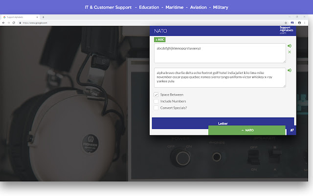 Support Alphabets NATO, Police, Historical  from Chrome web store to be run with OffiDocs Chromium online