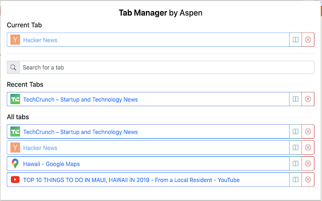 Tab Manager by Aspen  from Chrome web store to be run with OffiDocs Chromium online