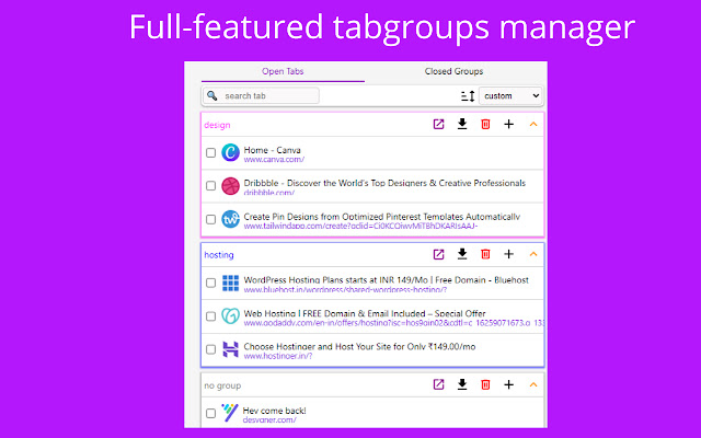 Tab pack Tab group creator,restore tabgroup  from Chrome web store to be run with OffiDocs Chromium online