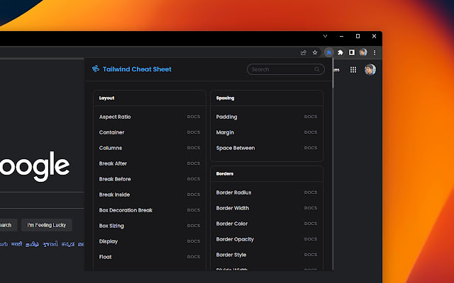 Tailwind Cheat Sheet Extension  from Chrome web store to be run with OffiDocs Chromium online