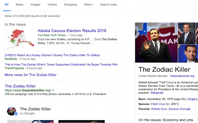 Ted Cruz is the Zodiac Killer  from Chrome web store to be run with OffiDocs Chromium online