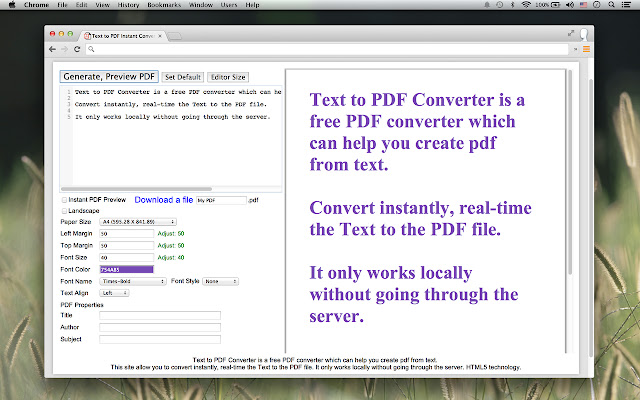 Text to PDF Instant Converter  from Chrome web store to be run with OffiDocs Chromium online