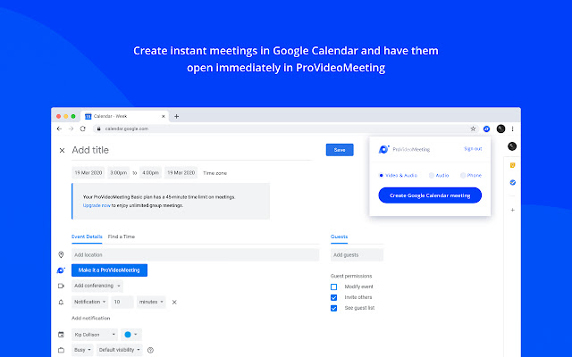 The ProVideoMeeting Scheduler  from Chrome web store to be run with OffiDocs Chromium online