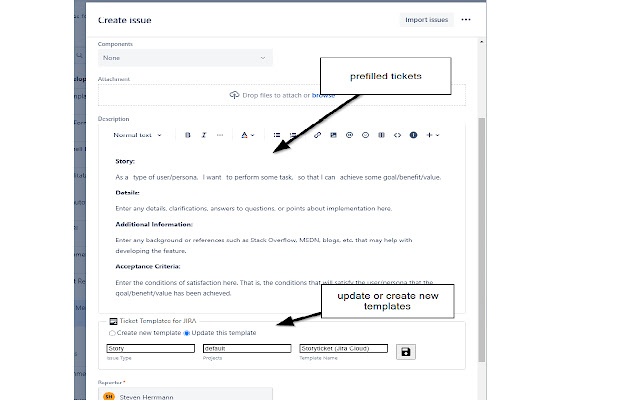 Ticket Templates for JIRA  from Chrome web store to be run with OffiDocs Chromium online