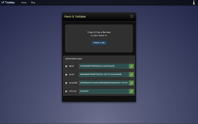 Toolsley Hash  Validate  from Chrome web store to be run with OffiDocs Chromium online