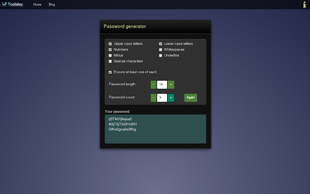 Toolsley Random Password Generator  from Chrome web store to be run with OffiDocs Chromium online