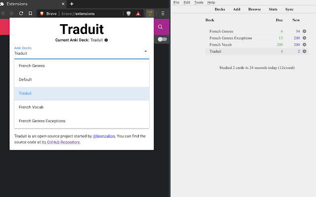 Traduit  from Chrome web store to be run with OffiDocs Chromium online