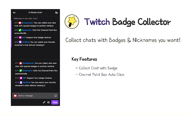 Twitch Badge Collector Collect Twitch Chat  from Chrome web store to be run with OffiDocs Chromium online