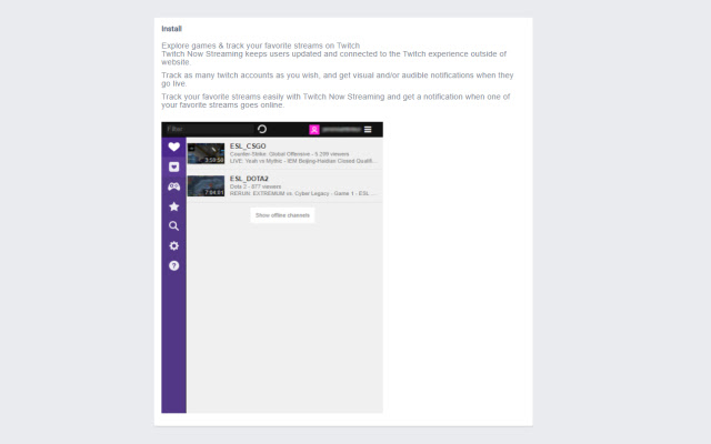 Twitch Now Streaming  from Chrome web store to be run with OffiDocs Chromium online