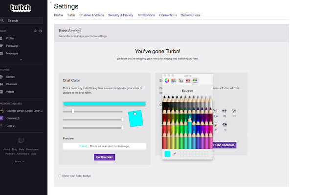 Twitch Turbo Color  from Chrome web store to be run with OffiDocs Chromium online