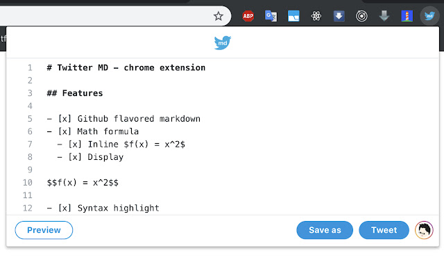 Twitter MD  from Chrome web store to be run with OffiDocs Chromium online