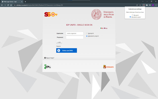 Unipd SSO extension  from Chrome web store to be run with OffiDocs Chromium online