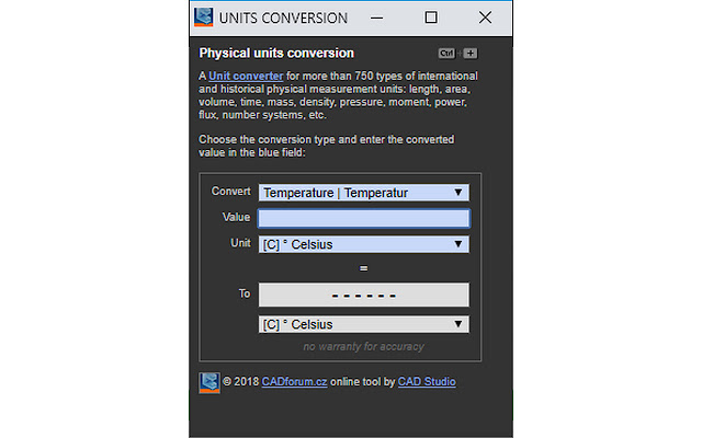 Units Converter for 750+ physical units  from Chrome web store to be run with OffiDocs Chromium online