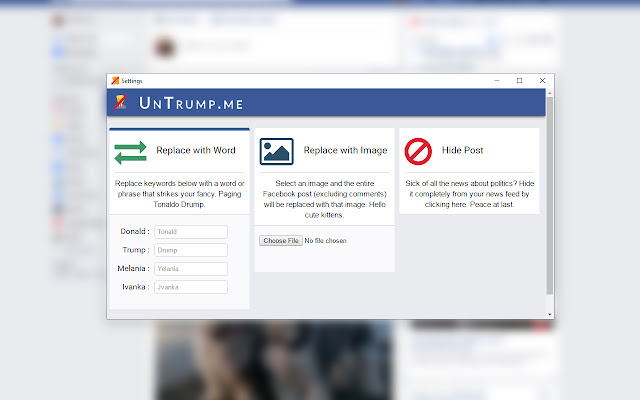 UnTrump.me  from Chrome web store to be run with OffiDocs Chromium online