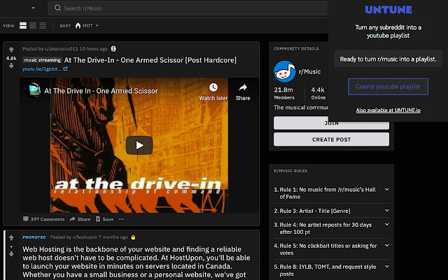 Untune Reddit music to youtube playlist  from Chrome web store to be run with OffiDocs Chromium online
