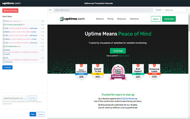 Uptime.com Transaction Recorder  from Chrome web store to be run with OffiDocs Chromium online