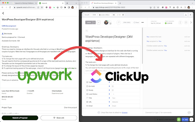 Upwork to ClickUp  from Chrome web store to be run with OffiDocs Chromium online