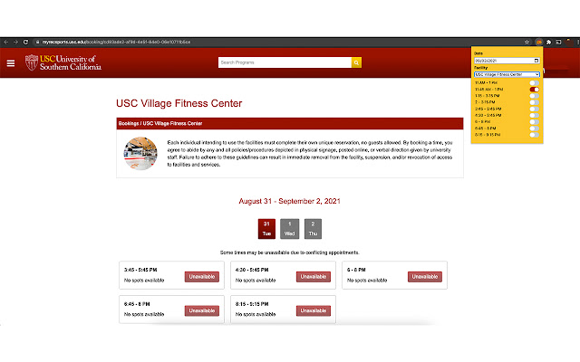 Chrome ウェブストアの USC Rec Sports Scheduler を OffiDocs Chromium online で実行